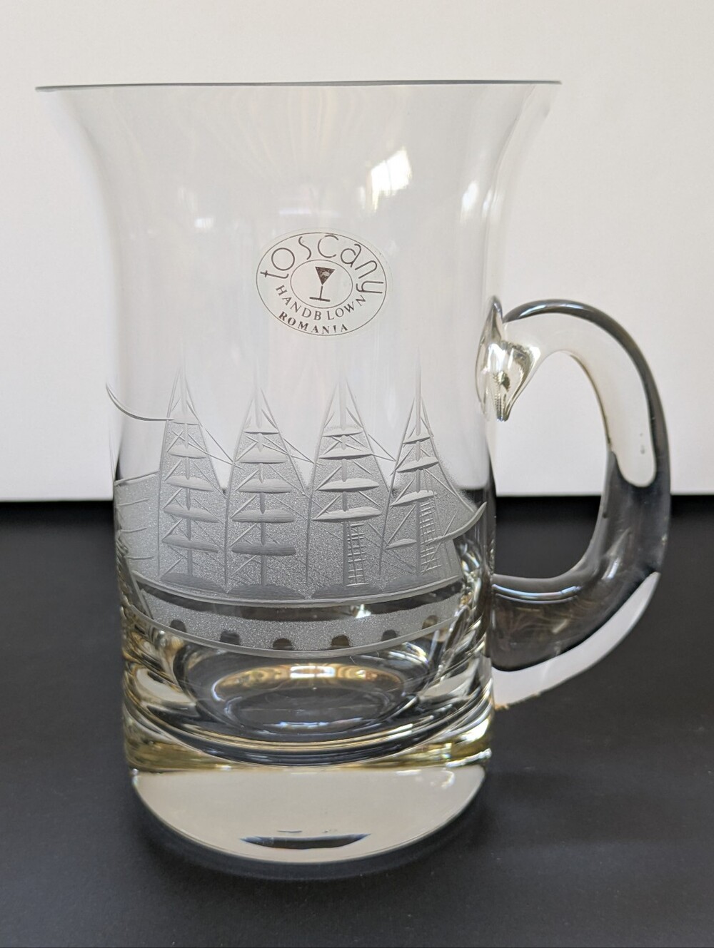 Vintage Toscany Clipper Ship Beer Mug Stein Hand Blown Etched Glass Romania